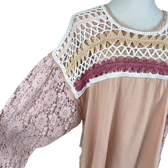 Free People High Hopes Cotton Crocheted-Yoke Lace-Sleeved Top Size Large - Picture 6 of 11